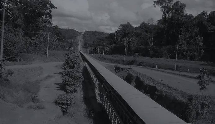 Transportador de correia de longa distância cortando o pátio de mineração em operação, imagem em duotone grafite