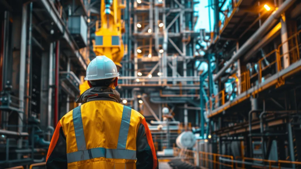 Engenheiro de costas entrando na planta industrial no início do turno, com capacete e uniforme